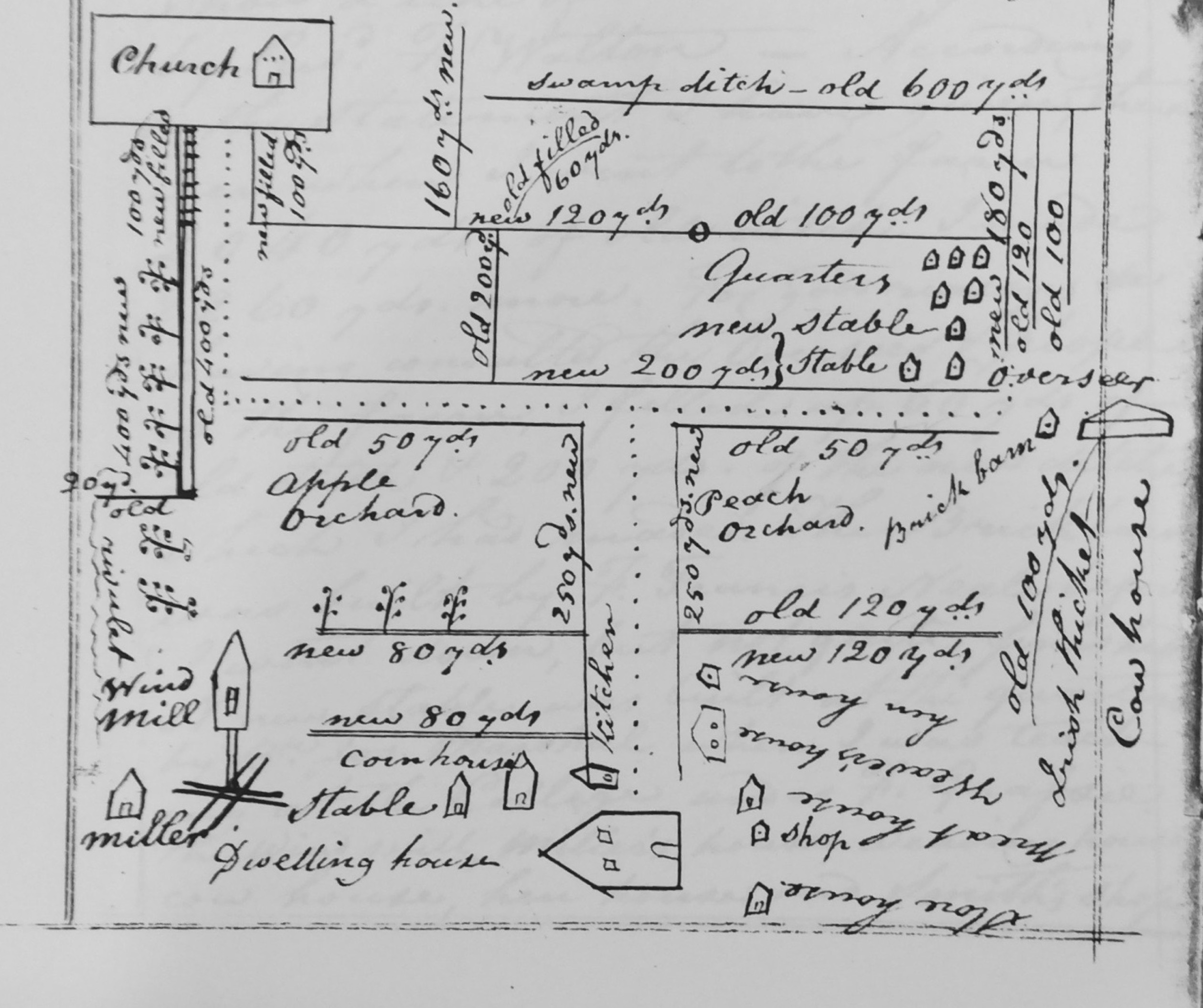 Joseph Mobberly's hand-draw map of St. Inigoe's Manor from his 1823 diary.